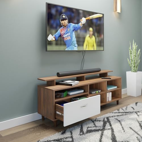 Image of VIKI Modern TV Unit for Living Room | Engineered Wood TV Cabinet with 1 Drawer Storage, 2 Open Shelves & Extension, Entertainment Unit, 140W x 48H x 40D cm | DIY | 1 Year Warranty (Walnut & White)