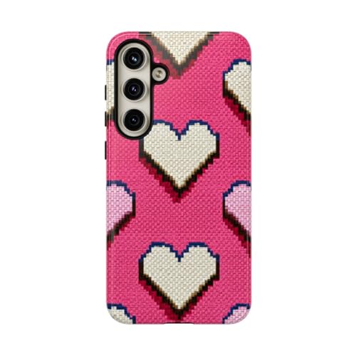 Coque Samsung S24 Plus motif cœurs blancs et roses pixelisés rigide brillante