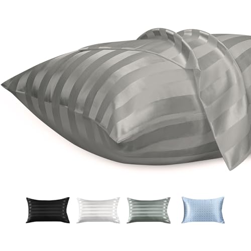 Lirex 2 Paquetes Funda de Almohada Satén 50x90cm, Suave como una Funda Almohada Seda, Fundas con Cierre de Cremallera, Protege Cabello y Piel, Rayas Gris Claro