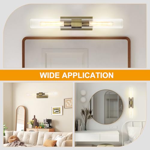 Image of Glass Tube Wall Sconces, 24in Bathroom Vanity Light Fixtures 2-Light Double Glass Sconces Wall Lighting Bathroom Wall Lights for Mirror, Living Room, Bedroom, Hallway (Including Extra Bulbs)-Brass
