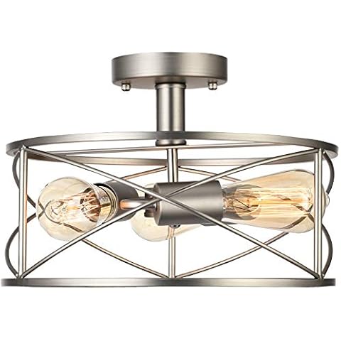 Capslpad Industrial Semi-Flush Mount Ceiling Light Vintage Close to Ceiling Lamp 3-Light Farmhouse Retro Metal Cage Ceiling Light Fixture for Bedroom Kitchen Foyer Hallway (Brushed Nickel) Cover