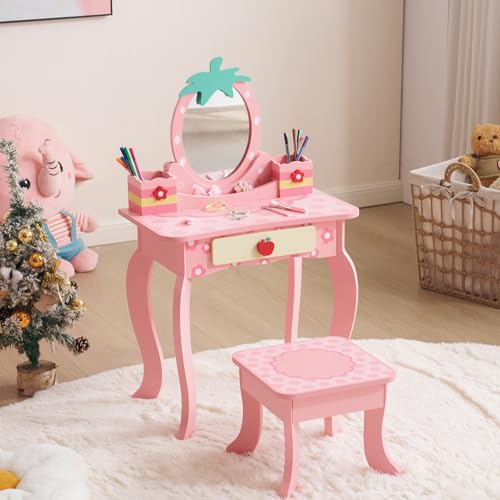 Image of Vanity Set,ShyneeMakeup Dressing Vanity Set Wooden Princess Makeup Table with Cushioned Stool,Drawer,Wooden Legs and Mirror, Make Up Dressing Play Set for Girls (Pink Red)