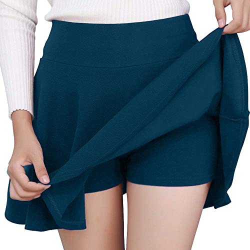 FRAULEIN Girl's/Women's Classic Stretchy All Time Trendy Flared Knee Length Skater Skirts Inbuilt with Inner Safety Shorts (in, Alpha, 2XS, Regular, Air Force Blue)