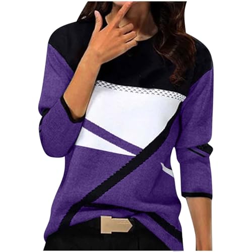 Women's Warm Elegant Printed Crew Neck Comfortable Pullover Long Sleeve Knitted Casual Sweatshirt, purple, XXL