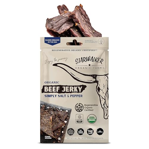 StarWalker Organic Farms Simply Salt and Pepper Beef Jerky – Organic, Regenerative Organic Certified®, 42g Protein, No Nitrates, No Preservatives, Grass-fed, 3 oz Bag