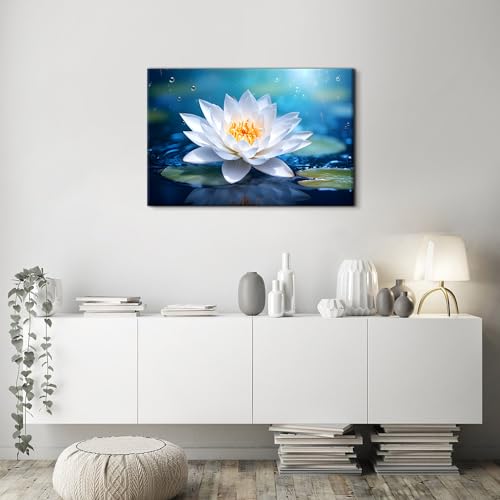 Image of Lotus Flower Wall Art Zen Living Room Wall Decor White Water Lily Floral Canvas Picture Spa Yoga Room Decor Nature Botanical Plant Painting Meditation Poster Spiritual Artwork Home Decoration 16x24 inch