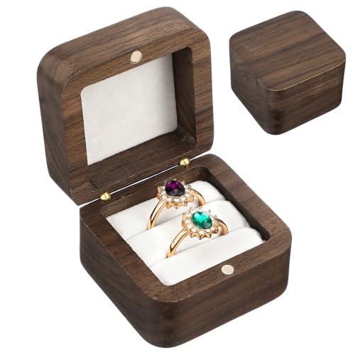 Trinkrittey Wooden Double Ring Box with White Inner, Small Square