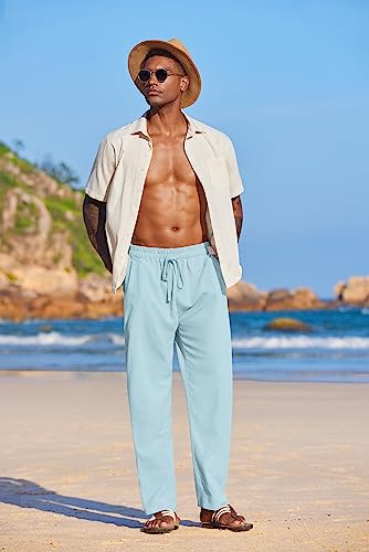 Coofandy Men's Cotton Linen Baggy Pants Relaxed Fit Vacation Beach Trousers Light Blue #TOP1