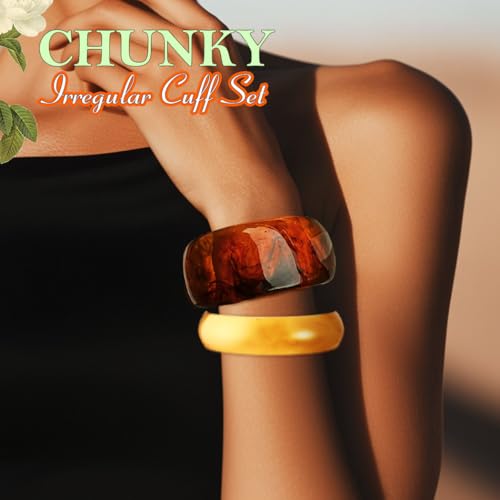 ACEDRE Chunky Resin Bangle Bracelet Set Gold Round Acrylic Wide Wristbands Statement 2PCS Jewelry for Women 5