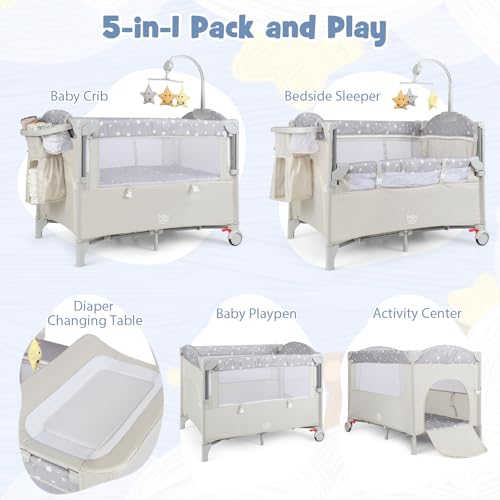 Image of BABY JOY 5-in-1 Pack and Play, Portable Baby Bedside Sleeper with Bassinet, U-Shaped Diaper Changer, Safety Strap, Side Zipper Entrance, Hangings, Bedside Crib Playard from Newborn to Toddlers (Beige)