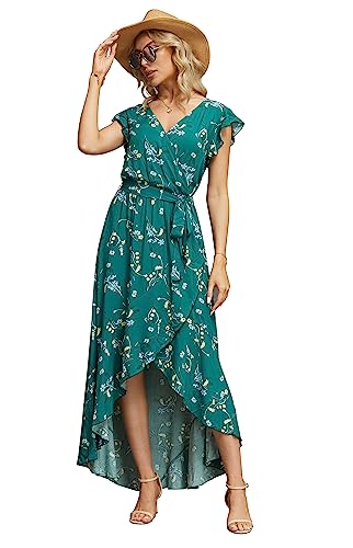 GRECERELLE Womens Summer Maxi Dress Boho Floral Cocktail Midi Polka Dot Wrap Dresses V Neck Casual Party Bohemian Flowy Long Dress for Ladies (FP Dark Green, S)