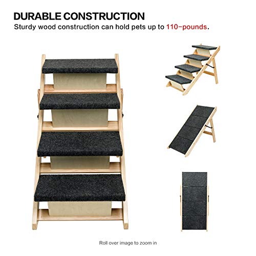 Mewang Wooden Dog Stairs/Steps - Foldable 4 Levels Pet Stairs & Ramp Perfect For Beds And Cars - Portable Dog/Cat Ladder Up To 110 Pounds #TOP2