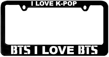 Customized License Plate Frame I Love K-POP/I Love BTS - Black Shiny Chrome/Universal Fit - License Plate Frame + Bonus BTS Decal (White)
