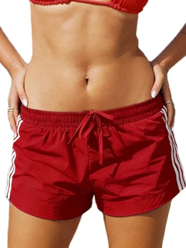 Image of Yoisdtxc Women Striped Athletic Shorts Elastic Waistband Low Rise Baggy Short Workout Sport Sweat Shorts (B-Red, S)