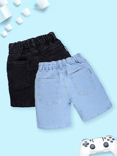 Image of KiddoPanti Boys Knee-Length Denim Shorts | Stretchable Cotton Poly Denim | Comfortable Fit with Button Elasticated Waistband & Zip Fly
