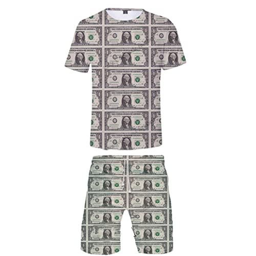 T-shirt décontracté et short hip hop avec motif imprimé 3D dollar US A9