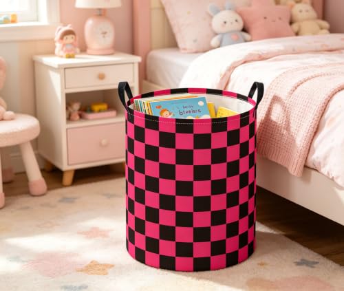 Image of Baby Laundry Hamper Basket Baby Hamper for Nursery Boy and Girl Cute Storage Bin Organizer Boho Room Decor(Pink Black Checkered)