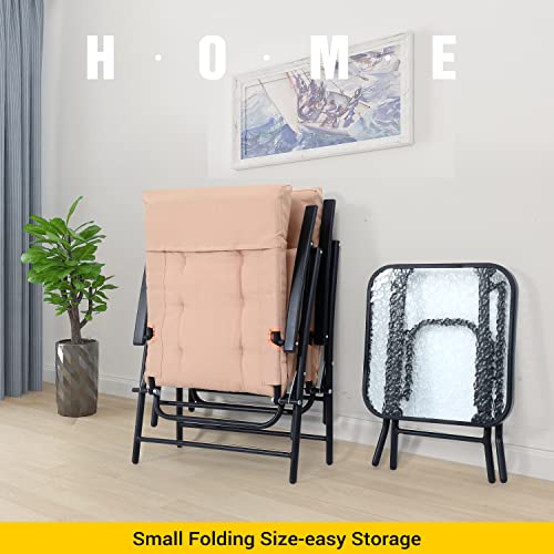 Nice C 3-Piece Patio Dining Set, Outdoor Table Set For 2, Garden Bistro Dining Furniture, 1 Folding Glass Table And 2 Folding Reclining Chairs With Cushion (Beige) #TOP3