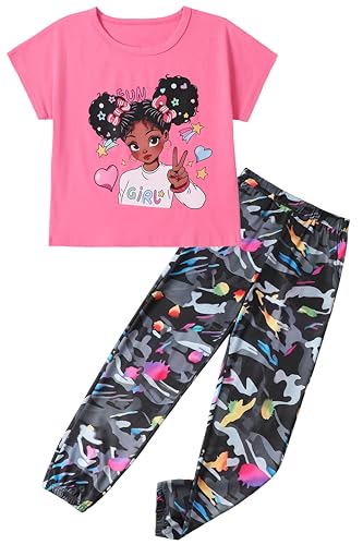 Image of mksodop Girls Outfit Set Graphic T Shirt and Camo Jogger Pants Cute Casual Clothes for Girls 5-16 Years