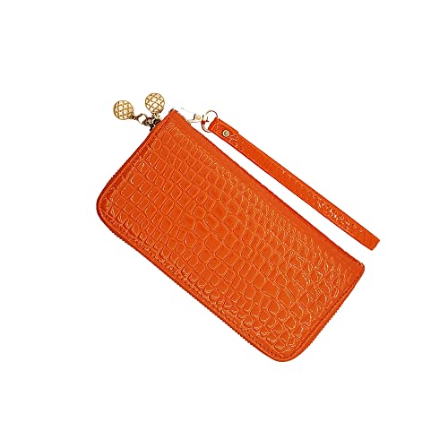 Orange patent Glossy Faux Croc Fashion Double Zip Wallet3