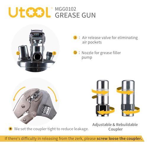 UTOOL Grease Gun, 8000 PSI Heavy Duty Pistol Grip Grease Gun Kit with 14 oz Capacity, 18 Inch Resin Flex Hose, 2 Basic Coupler, 2 Extension Rigid Pipe and 1 Sharp Type Nozzle, Argent Matte Finish by UTOOL - Image 5
