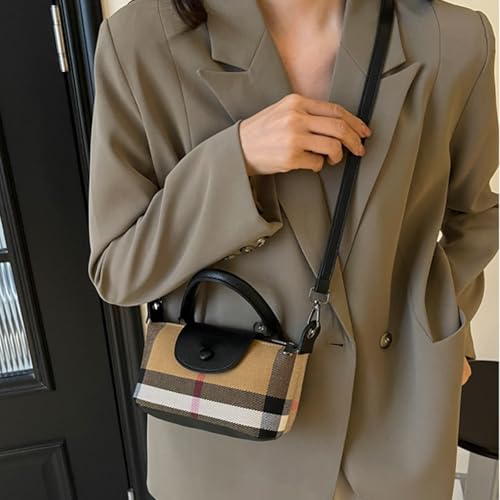 Image of Mini Plaid Canvas Handbag for Women PU Leather Top Handle Checked Bucket Hand Bag