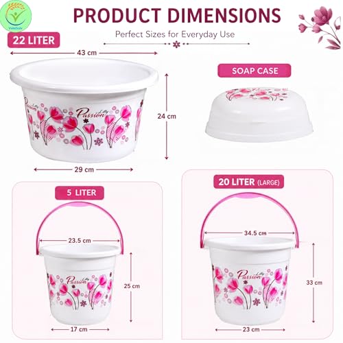 Image of Heavy Duty Virgin Plastic Large Capacity 20L Bucket, 5L Bucket, Stool, 22L Deep Tub, Dustbin,1.5L Mug,1L Mug, Soap Case, Dustpan, Tooth Brush Stand Bathroom Set(White-Pink) - 10 Pieces