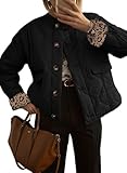 Dokotoo Winter Coats for Women Casual Long Sleeve Button Down Leopard Puffer Jacket Womens Fall Fashion 2025 Baggy Warm Quilted Jackets Winter Clothing for Women Padded Jackets with Pockets Black L
