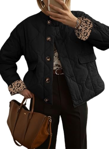 Dokotoo Winter Clothing for Women Casual Long Sleeve Button Down Leopard Puffer Jacket Womens Fall Fashion 2025 Baggy Warm Quilted Jackets for Women Lightweight Padded Jackets with Pockets M Black