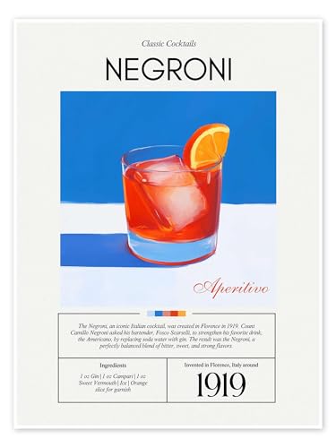 Classic Cocktails: Negroni, 1919 Poster van Felipe Hora 30 x 40 cm Blauw Wanddecoratie Wanddecoratie