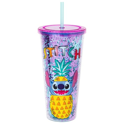 Image of Silver Buffalo Disney Lilo and Stitch Pineapple, Plastic Cold Cup, 32oz | Confetti, Includes Lid and Straw, 0.95 Liters