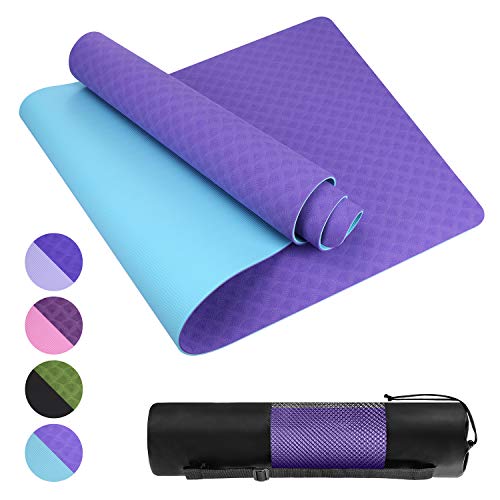 Homtiky Tapis de Yoga Tapis de Sport en TPE Matériaux, Épaisseur de 6MM, avec Lignes d'alignement du Corps, 183x61x0.6 cm, Tapis Yoga Antidérapant et Durable, avec Un Sangle et Un Sac à Dos