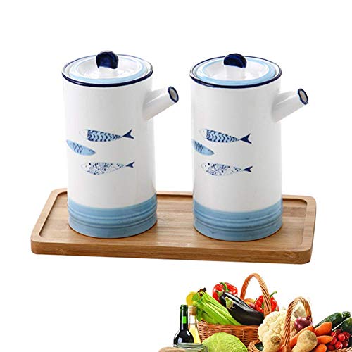 DSJSUG Botella de vinagre de Aceite Dispensador de ollas Frasco de Especias Cerámica de Cocina Dispensador de Salsa de Oliva A Prueba de Polvo y a Prueba de Fugas 450ML Patrón de Pescado Azul Cover