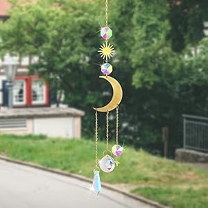 Crystal Glass Sun Catchers Wind Chimes,Hanging Gold Sun Moon Crystal Pendant Interior Decoration Glass Sun Catchers for Windows Garden Car Decoration Gift Car Wind Chime Sun Catcher