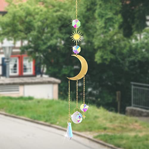 Crystal Glass Sun Catchers Wind Chimes,Hanging Gold Sun Moon Crystal Pendant Interior Decoration Glass Sun Catchers for Windows Garden Car Decoration Gift Car Wind Chime Sun Catcher