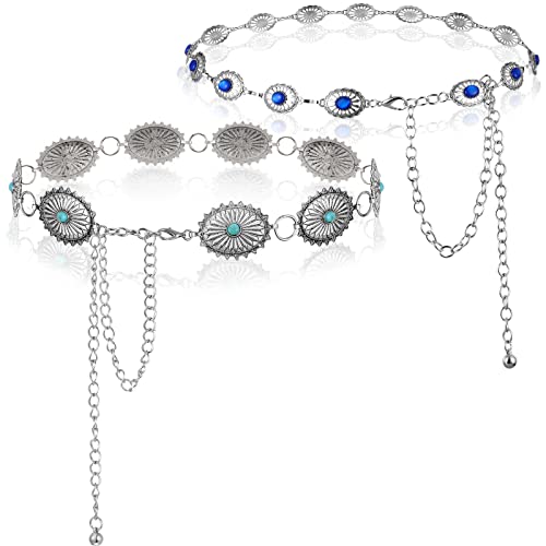 Junkin 2 Pcs Women Concho Western Chain Belts Turquoise Chain Antique Western Waist Country Metal Link Belt(Green, Blue)