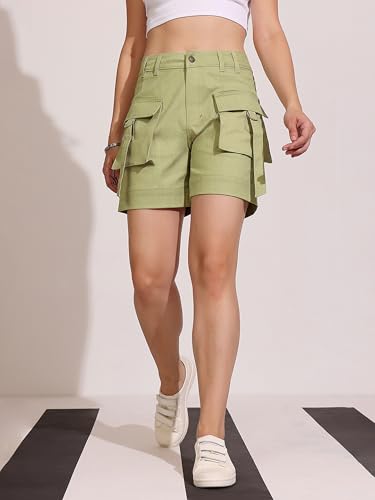 Image of Dolce Crudo Women's Relaxed Fit Mid-Rise Denim Shorts with Adjustable Waist & Frayed Hem