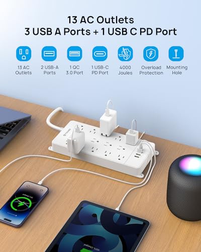Image of TROND 15ft Surge Protector Power Strip with 32W USB,ETL Listed, 4000J,White