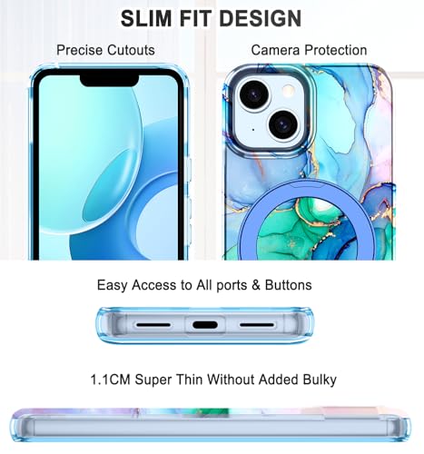 Lamcase for iPhone 13 Case,iPhone 14 Case with Magnetic Invisible Ring Stand [Compatible with MagSafe], Full Body Rugged Slim Women Men Girl Shockproof Marble Pattern Design Case, Cyan Blue - image 3