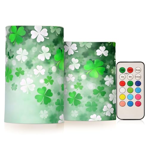 Image of St. Patrick's Day Lights Flameless Candles St Patrick Day White Leaves Pillar Candles Set of 2 Battery Operated Remote Control Warm Lights Home Decor