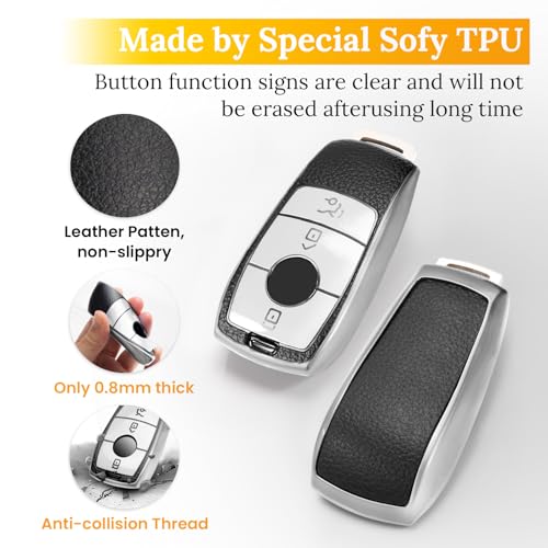 Image of Key Fob Cover for Mercedes Benz, Leather-Style Tab Cover, Silver