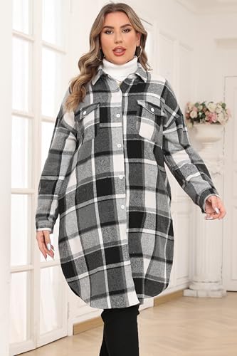 TIANZHU Womens Plus Size Long Sleeve Flannel Plaid Shacket Jacket Knee Length Lapel Button Down Coats Shirts Casual Shacket4