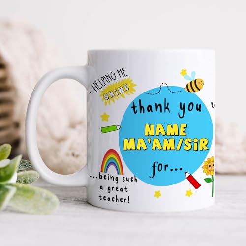 Image of DAYS Thank You Teacher Personalized Mug Custom Teacher's Name Best Teacher Gift, Teacher on Birthday Helping Me to Grow Ceramic Mug 11oz (ONE Mug)