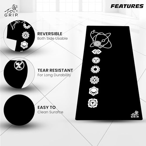 Image of GRIP Yoga Mat | Exercise Mat | 36 x 75 Inches | 12mm Thick | 7 Chakras Design | Anti-Slip | Home & Gym | Men & Women | Black Color