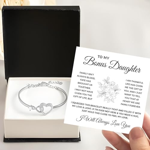 To My Bonus Daughter Heart Bracelet, Bonus Daughter Gift From Step Mom Dad, To My Stepdaughter Bracelet, Goddaughter Jewelry with Message Card and Box, Birthday Graduation Christmas Gift2