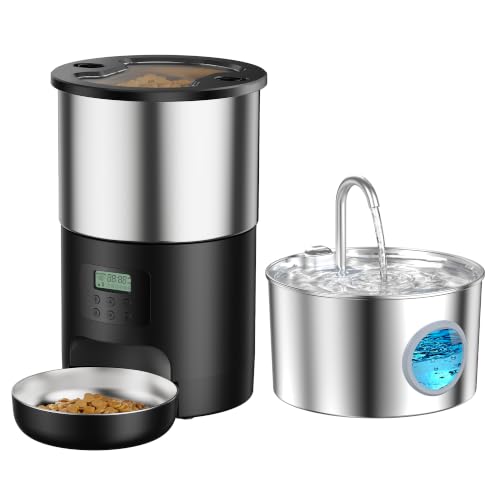 Fontaine a Eau Chat et Distributeur Croquettes: INOX 2.2L Fontaine à Eau pour Chat et 5L Distributeur Croquettes Chat Automatique - Mangeoire de Nourriture...