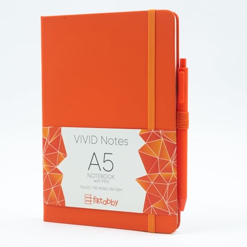 Image of Kitabby VIVID Notes A5 Hard Bound Notebook with Pen - Orange | Elastic Band & Pen Loop, 192 Pages, 80gsm Natural Shade Paper, Polymer Coated Paper Cover