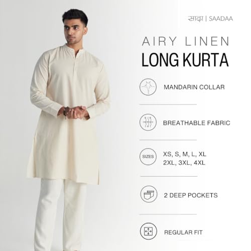 Image of SAADAA Men's Long Kurta - Linen Cotton Blend, Airy Fabric, Regular Fit, Mandarin Collar, Solid Color - Casual, Festive & Ethnic Wear