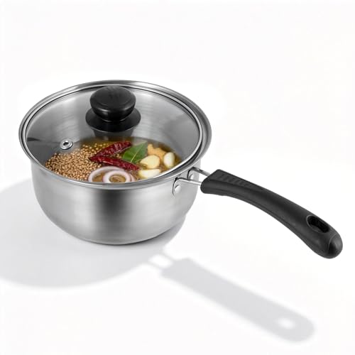 Tadka Pan with Lid, 1.5 Quart Small Sauce Pan with Lid, Stainless Steel Saucepan with Heat-Resistant Handle, Small Pot for Indian Tadka, Tempering and Dal, Perfect for Cooking and Flavoring Spices