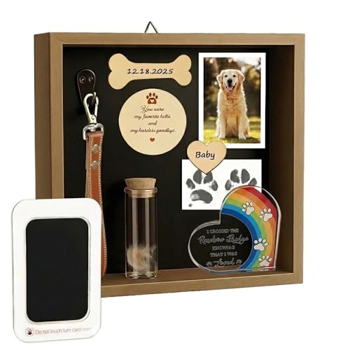 Pet Memorial Shadow Box for Dogs Dog Memory Box with Paw Print Kit Fur or Ashes Jar Collar Hook Photo Display Rainbow Bridge Plaque Desktop Display or Wall Mountable Sympathy Gift Keepsake